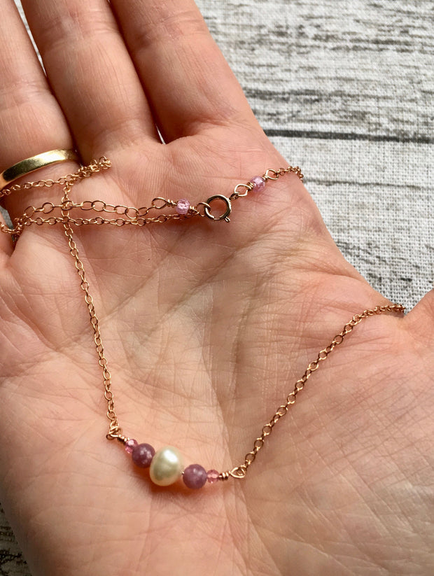 Dainty Pearl, Tourmaline and Pink Lepidolite Necklace