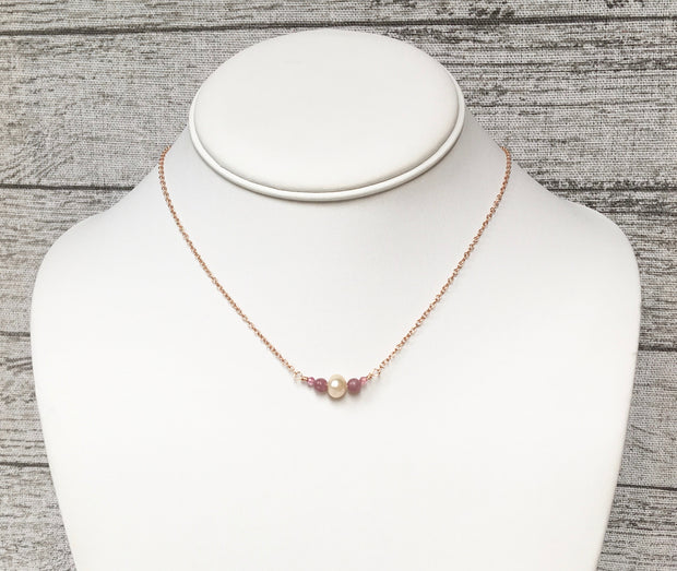 Dainty Pearl, Tourmaline and Pink Lepidolite Necklace
