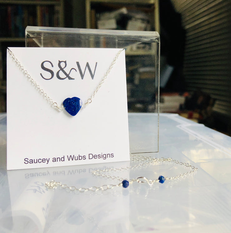 Lapis Lazuli Gemstone Heart Necklace with Herkimer Diamond Beads
