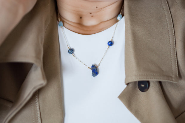 Long Lapis Lazuli and Aquamarine Necklace