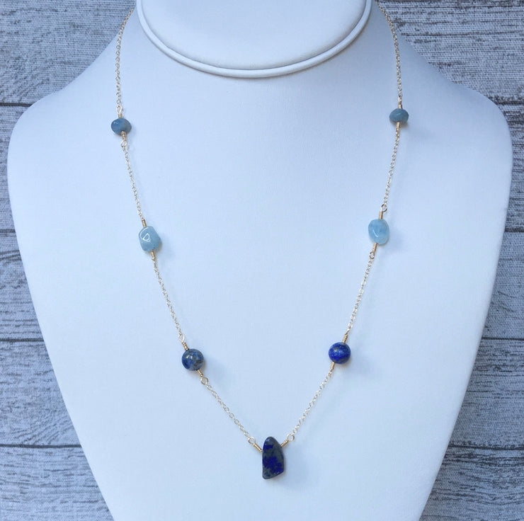 Long Lapis Lazuli and Aquamarine Necklace